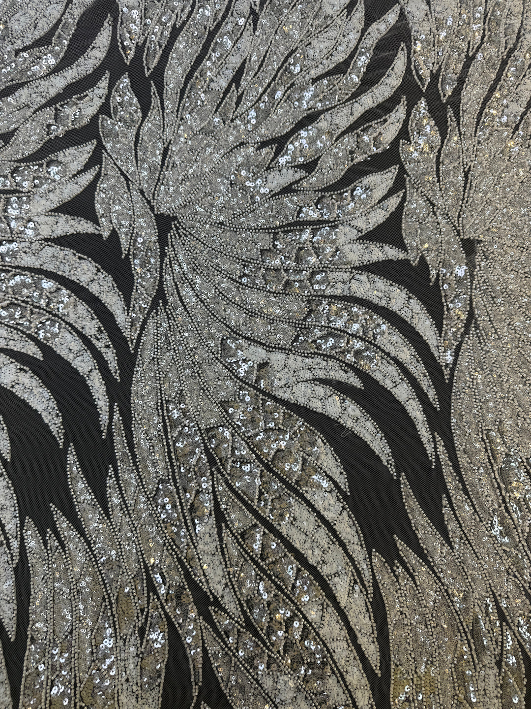 Luxury Off White Silver Sequin Embroidered Fabric – Abstract Feather Pattern ( 1 Piece = 2 Meter)