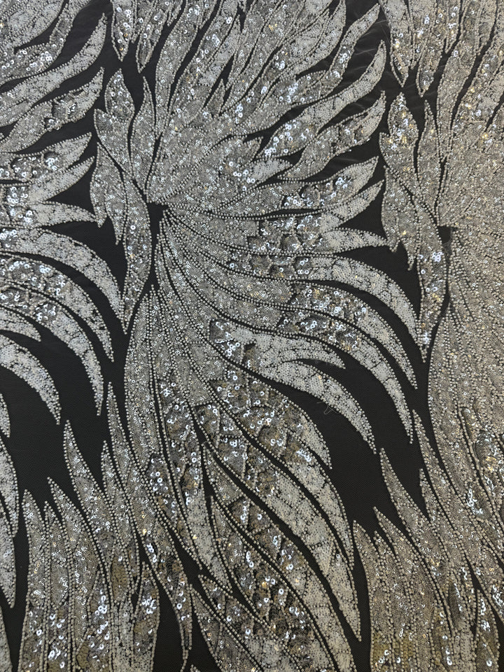 Luxury Off White Silver Sequin Embroidered Fabric – Abstract Feather Pattern ( 1 Piece = 2 Meter)
