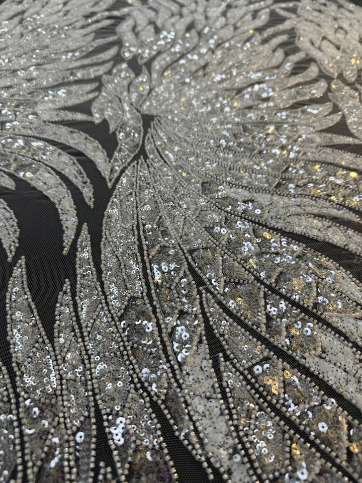 Luxury Off White Silver Sequin Embroidered Fabric – Abstract Feather Pattern ( 1 Piece = 2 Meter)