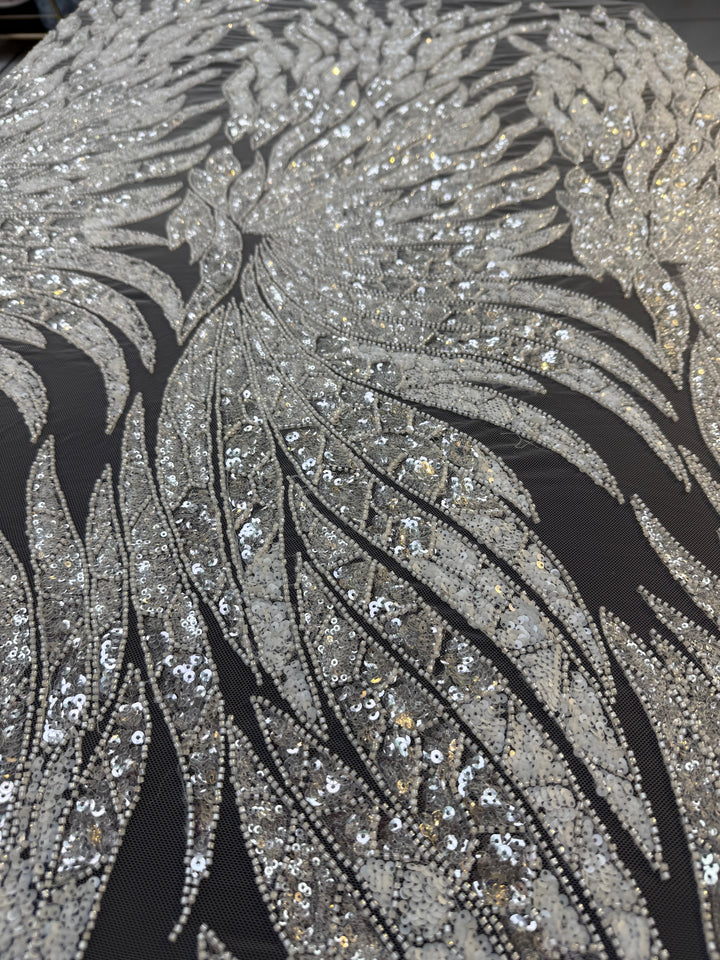 Luxury Off White Silver Sequin Embroidered Fabric – Abstract Feather Pattern ( 1 Piece = 2 Meter)