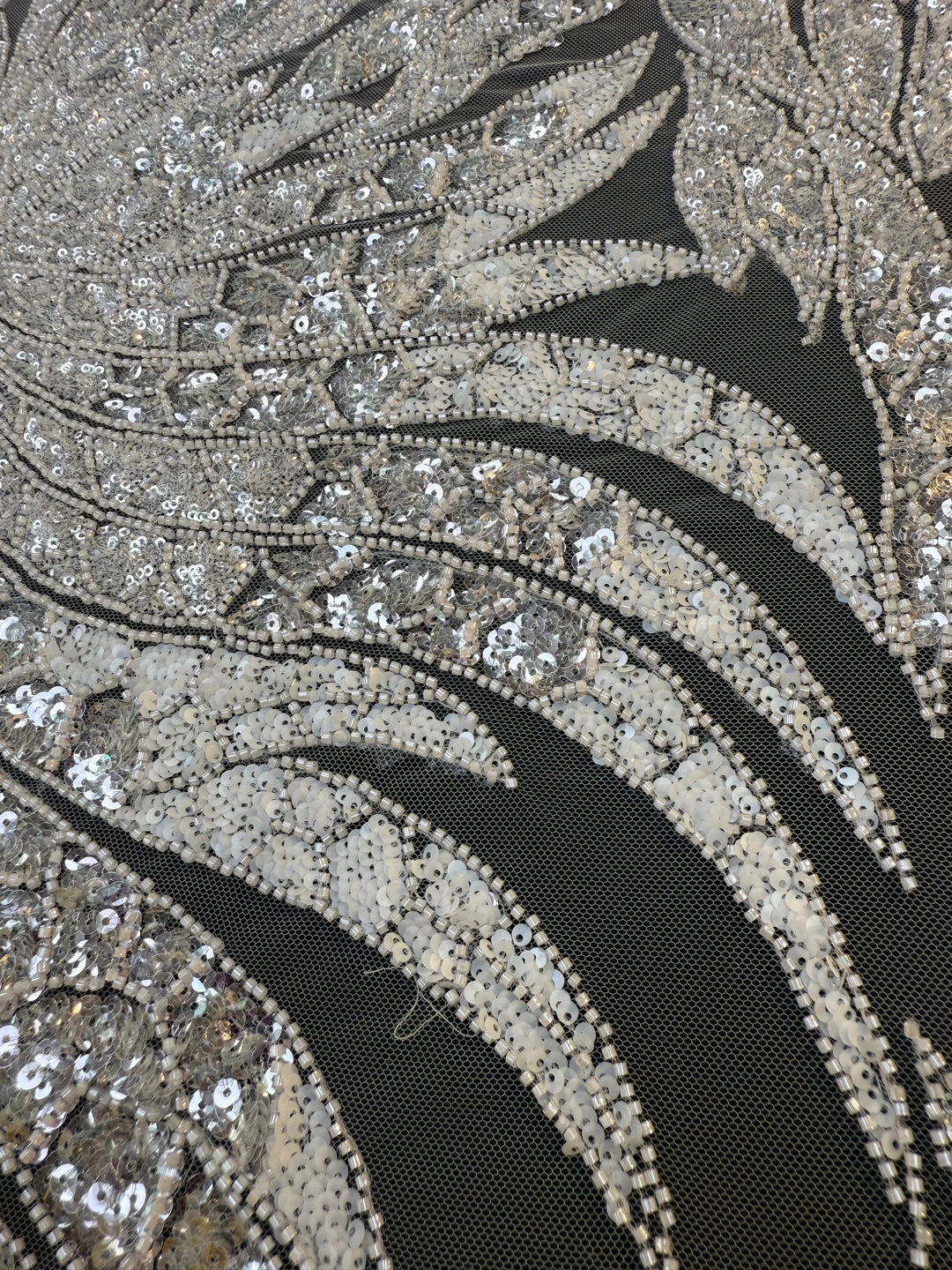 Luxury Off White Silver Sequin Embroidered Fabric – Abstract Feather Pattern ( 1 Piece = 2 Meter)