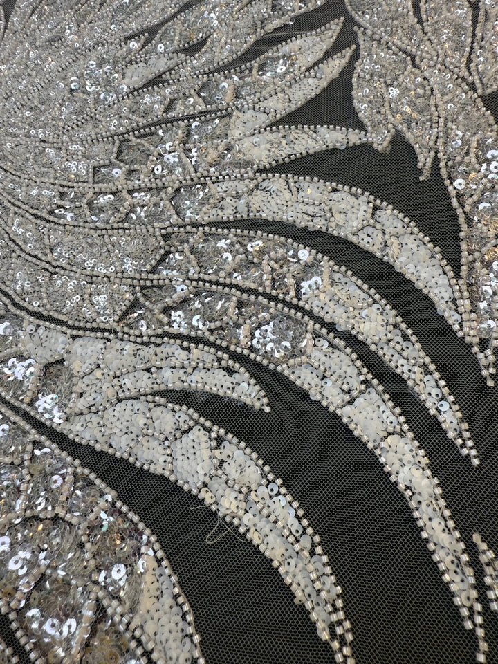 Luxury Off White Silver Sequin Embroidered Fabric – Abstract Feather Pattern ( 1 Piece = 2 Meter)