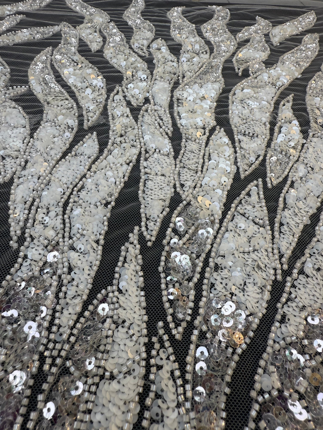 Luxury Off White Silver Sequin Embroidered Fabric – Abstract Feather Pattern ( 1 Piece = 2 Meter)