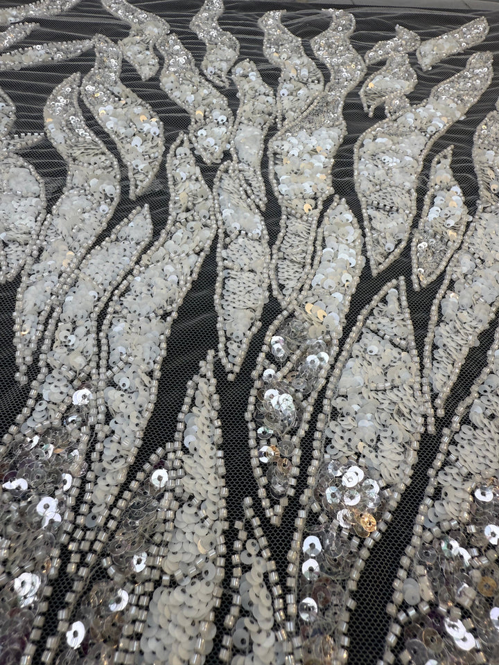 Luxury Off White Silver Sequin Embroidered Fabric – Abstract Feather Pattern ( 1 Piece = 2 Meter)