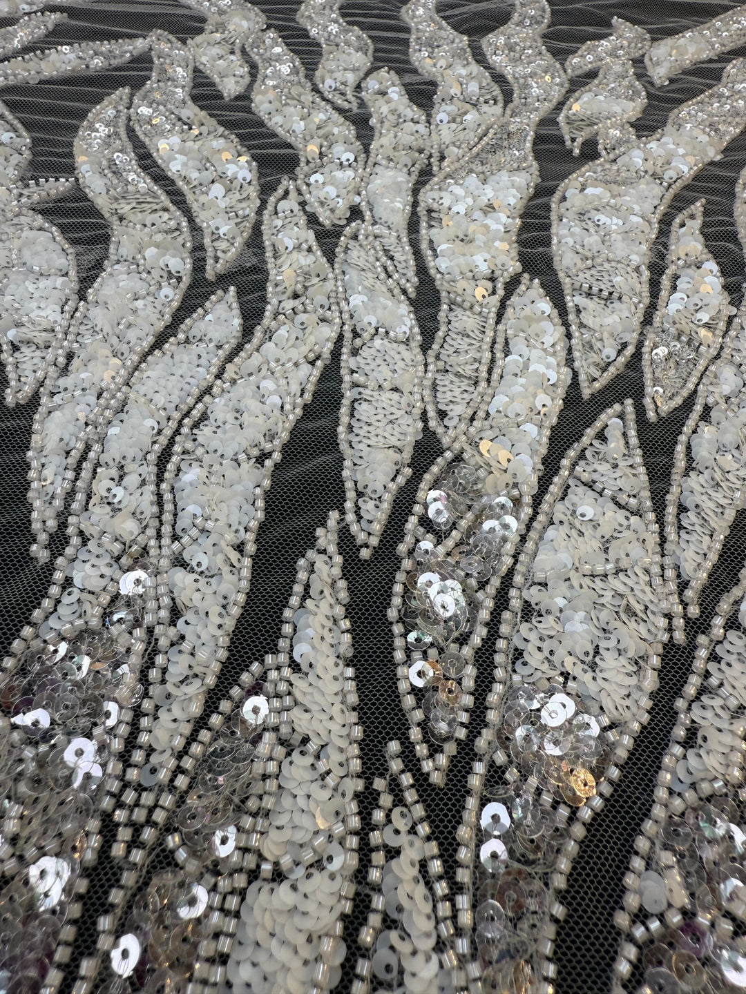 Luxury Off White Silver Sequin Embroidered Fabric – Abstract Feather Pattern ( 1 Piece = 2 Meter)