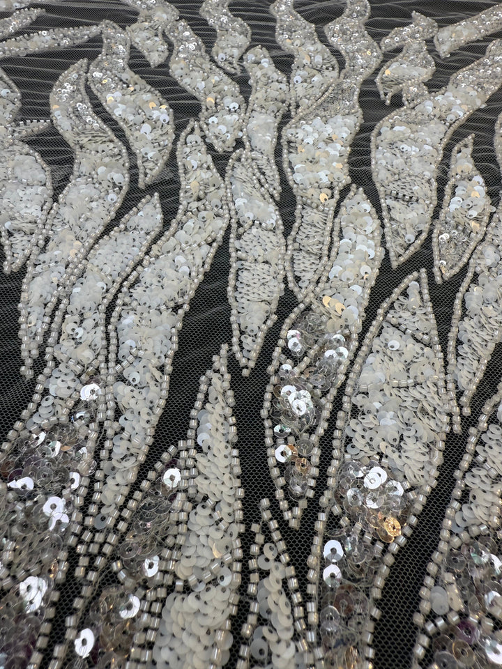 Luxury Off White Silver Sequin Embroidered Fabric – Abstract Feather Pattern ( 1 Piece = 2 Meter)