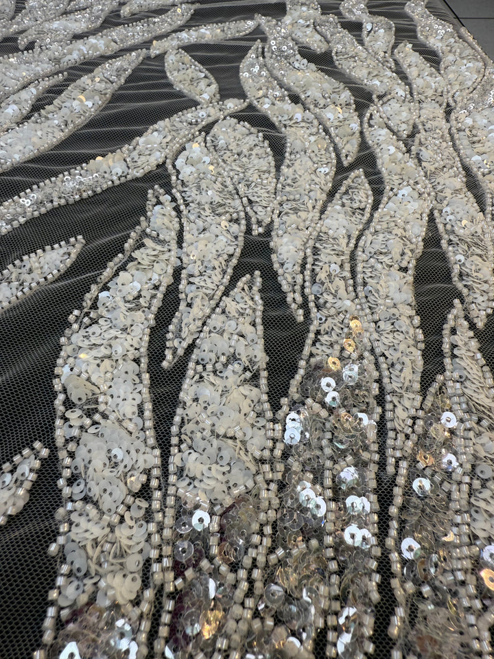 Luxury Off White Silver Sequin Embroidered Fabric – Abstract Feather Pattern ( 1 Piece = 2 Meter)