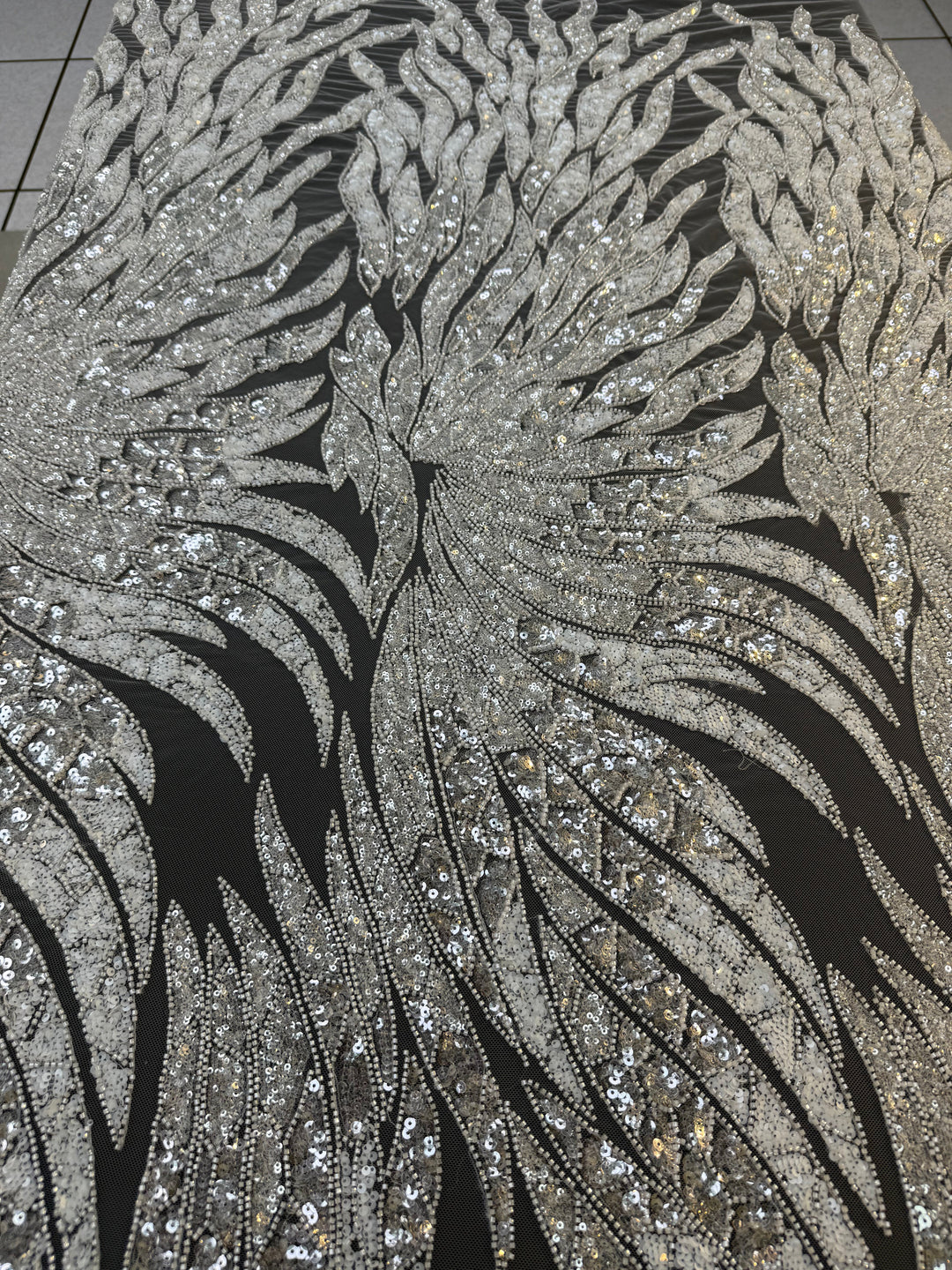Luxury Off White Silver Sequin Embroidered Fabric – Abstract Feather Pattern ( 1 Piece = 2 Meter)