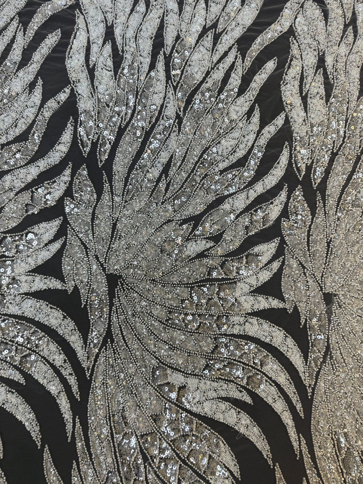 Luxury Off White Silver Sequin Embroidered Fabric – Abstract Feather Pattern ( 1 Piece = 2 Meter)