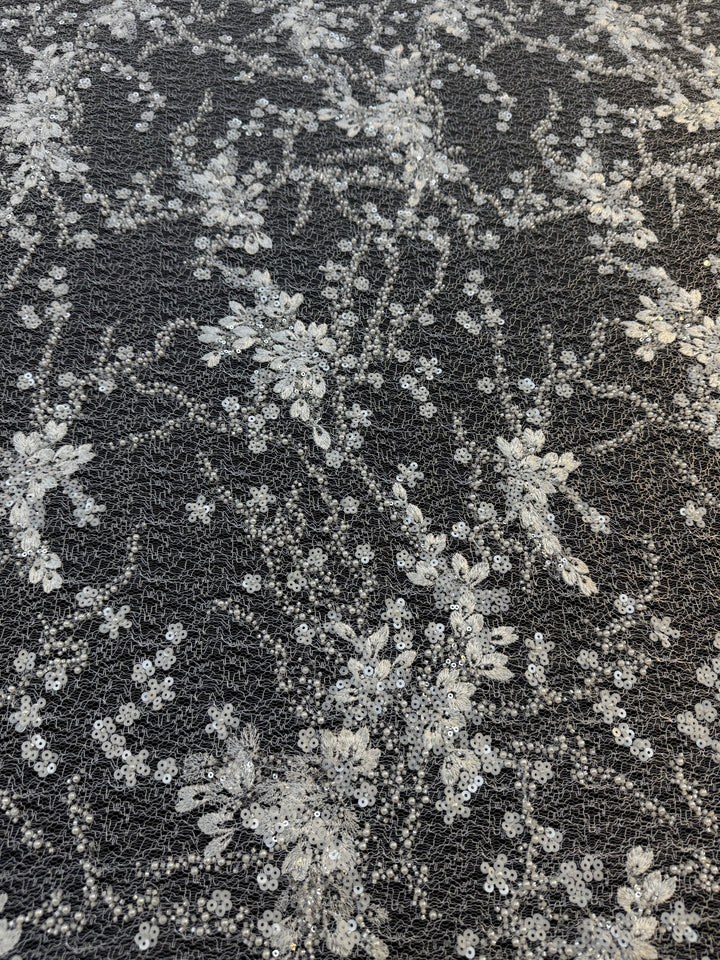 Luxury White Floral Beaded Lace with Sequins & Pearls on Net