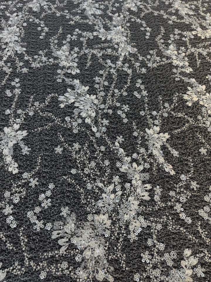 Luxury White Floral Beaded Lace with Sequins & Pearls on Net ( 1 Piece = 4 Meter)