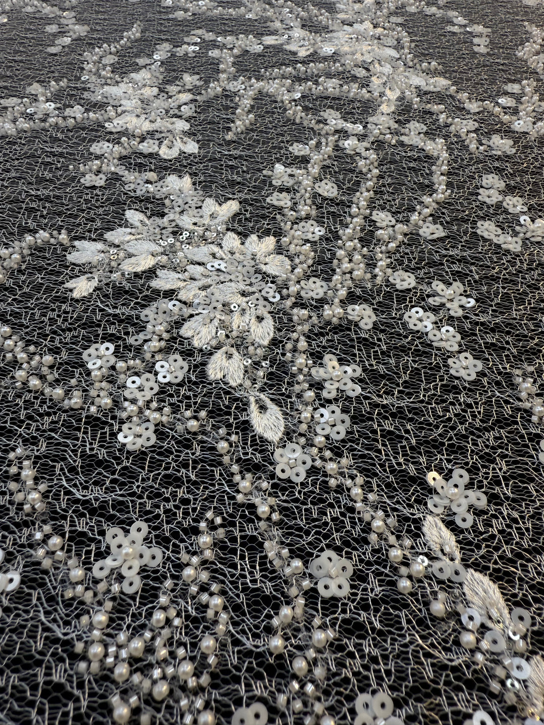 Luxury White Floral Beaded Lace with Sequins & Pearls on Net