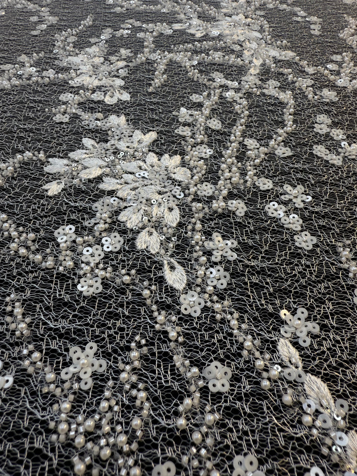 Luxury White Floral Beaded Lace with Sequins & Pearls on Net