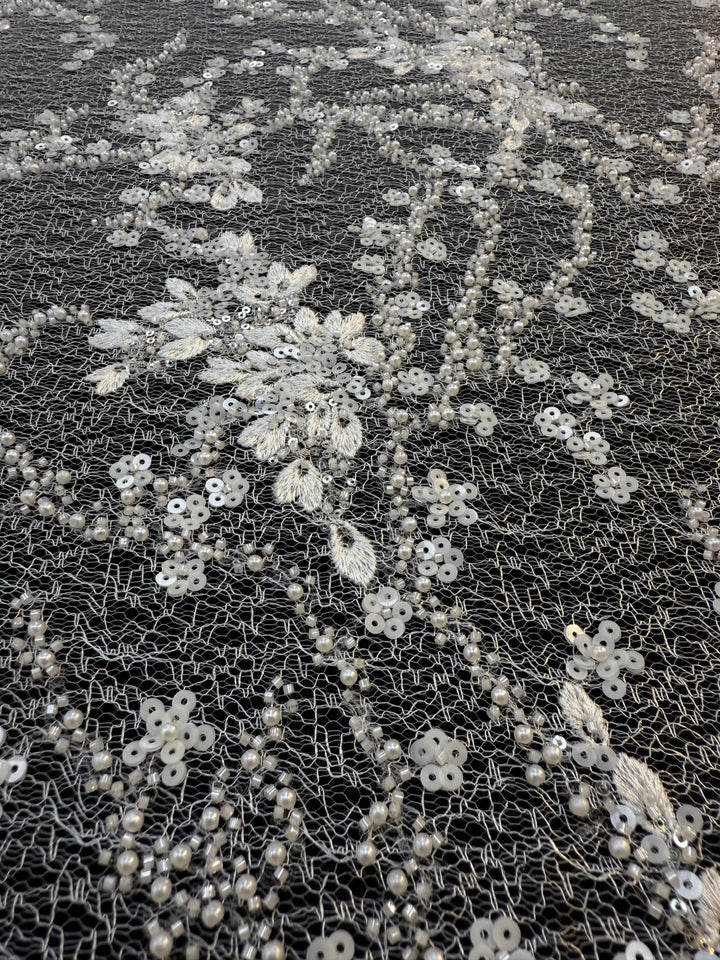 Luxury White Floral Beaded Lace with Sequins & Pearls on Net ( 1 Piece = 4 Meter)