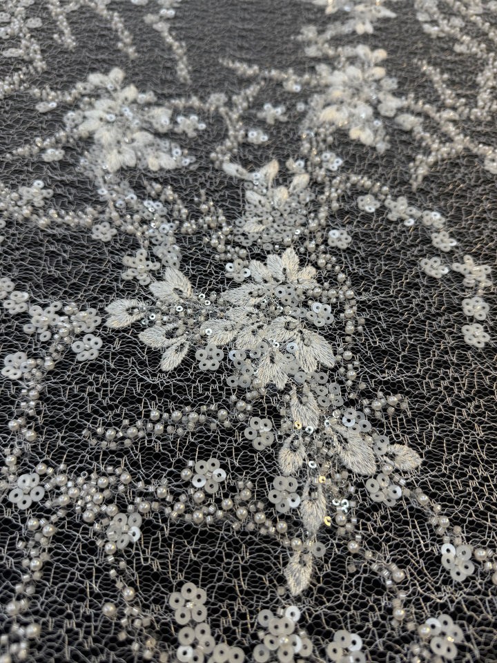 Luxury White Floral Beaded Lace with Sequins & Pearls on Net