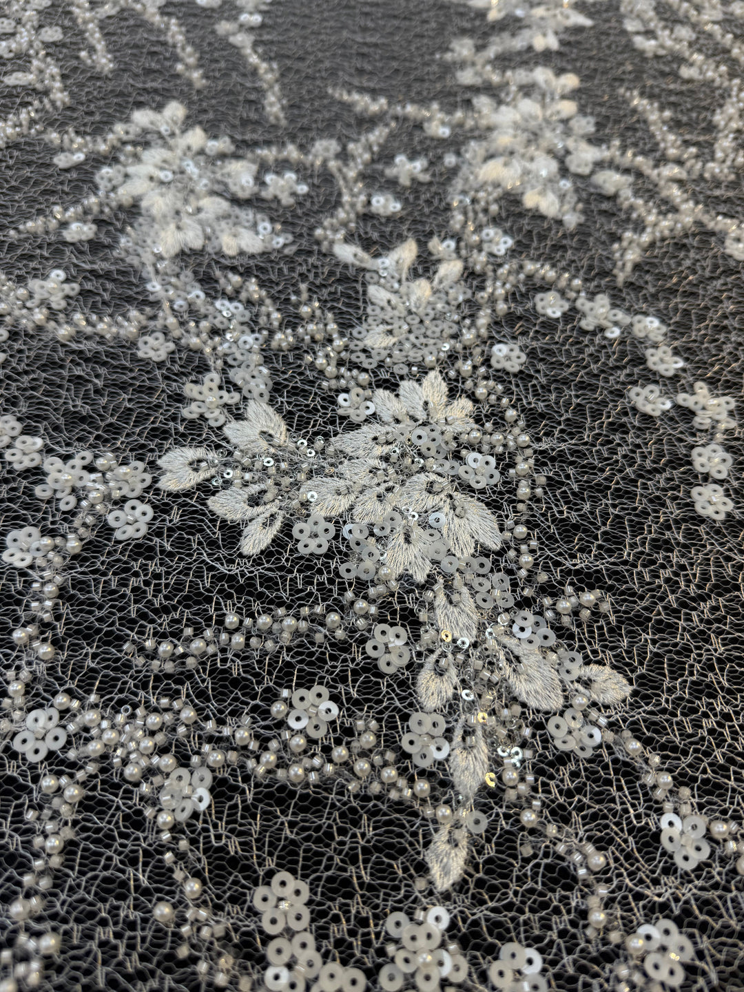 Luxury White Floral Beaded Lace with Sequins & Pearls on Net ( 1 Piece = 4 Meter)