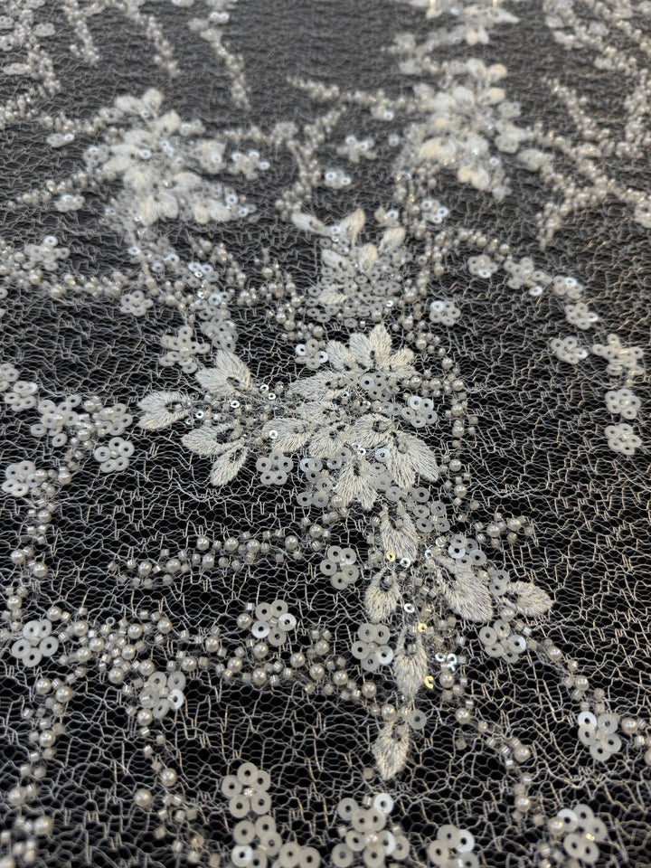 Luxury White Floral Beaded Lace with Sequins & Pearls on Net ( 1 Piece = 4 Meter)