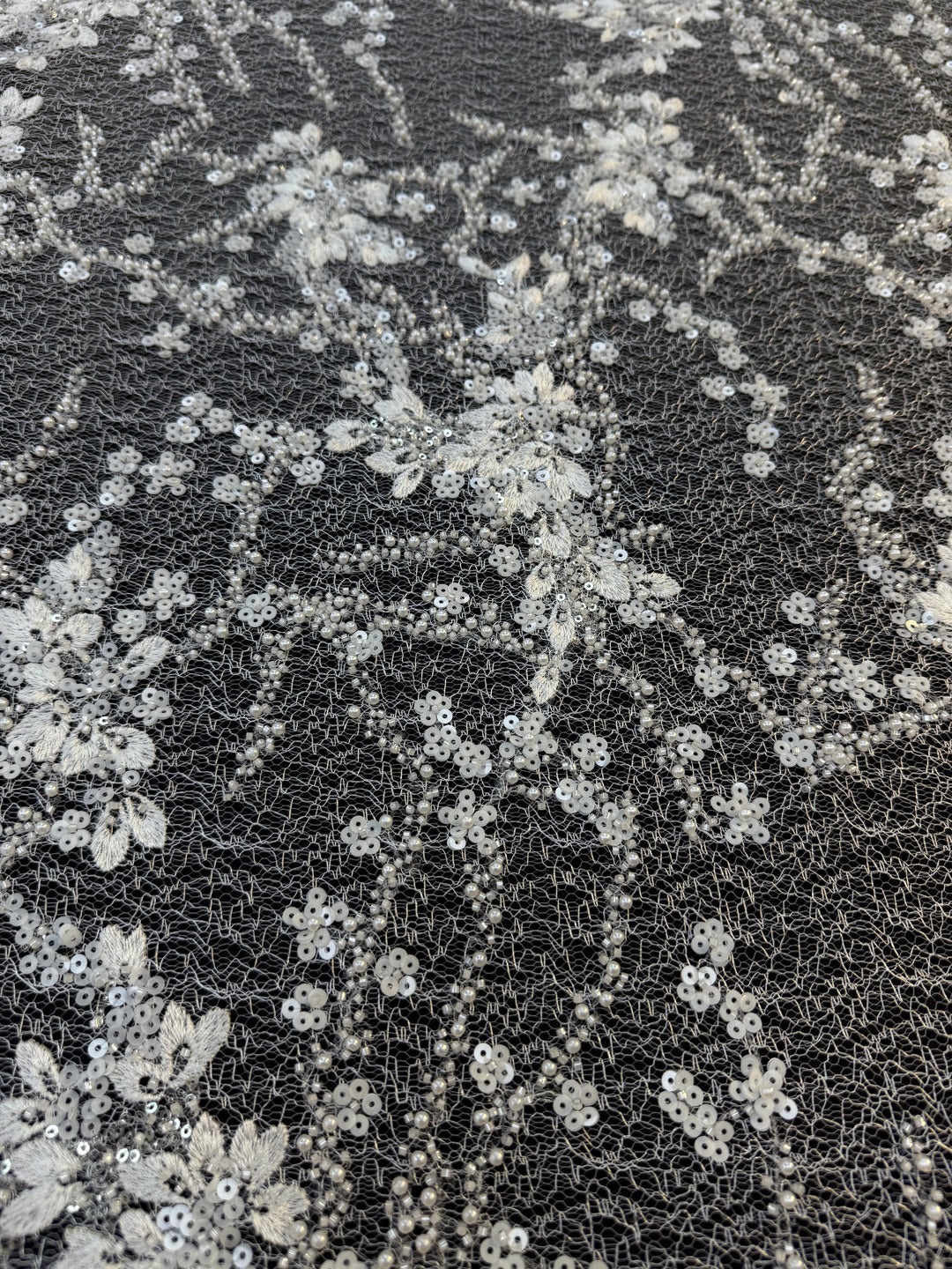 Luxury White Floral Beaded Lace with Sequins & Pearls on Net