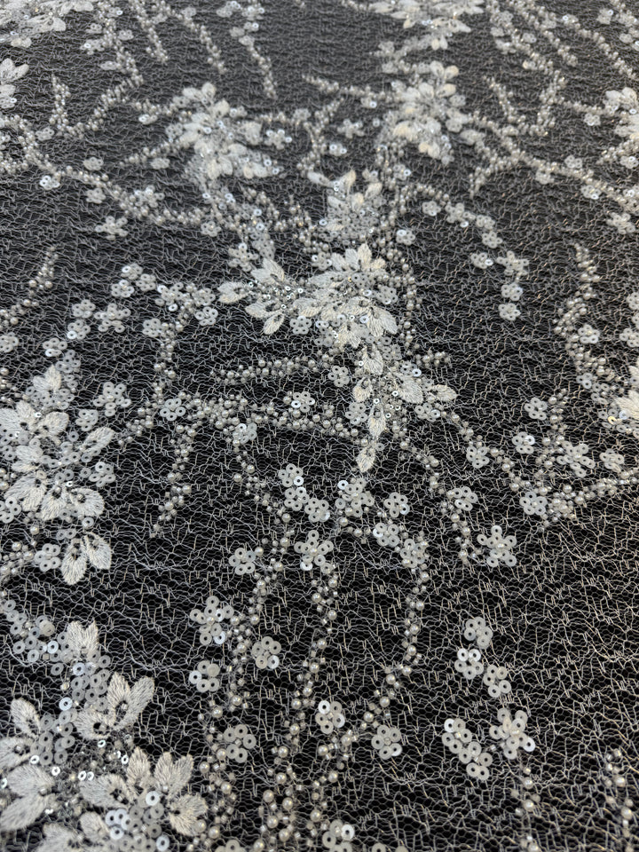 Luxury White Floral Beaded Lace with Sequins & Pearls on Net