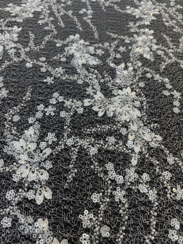 Luxury White Floral Beaded Lace with Sequins & Pearls on Net