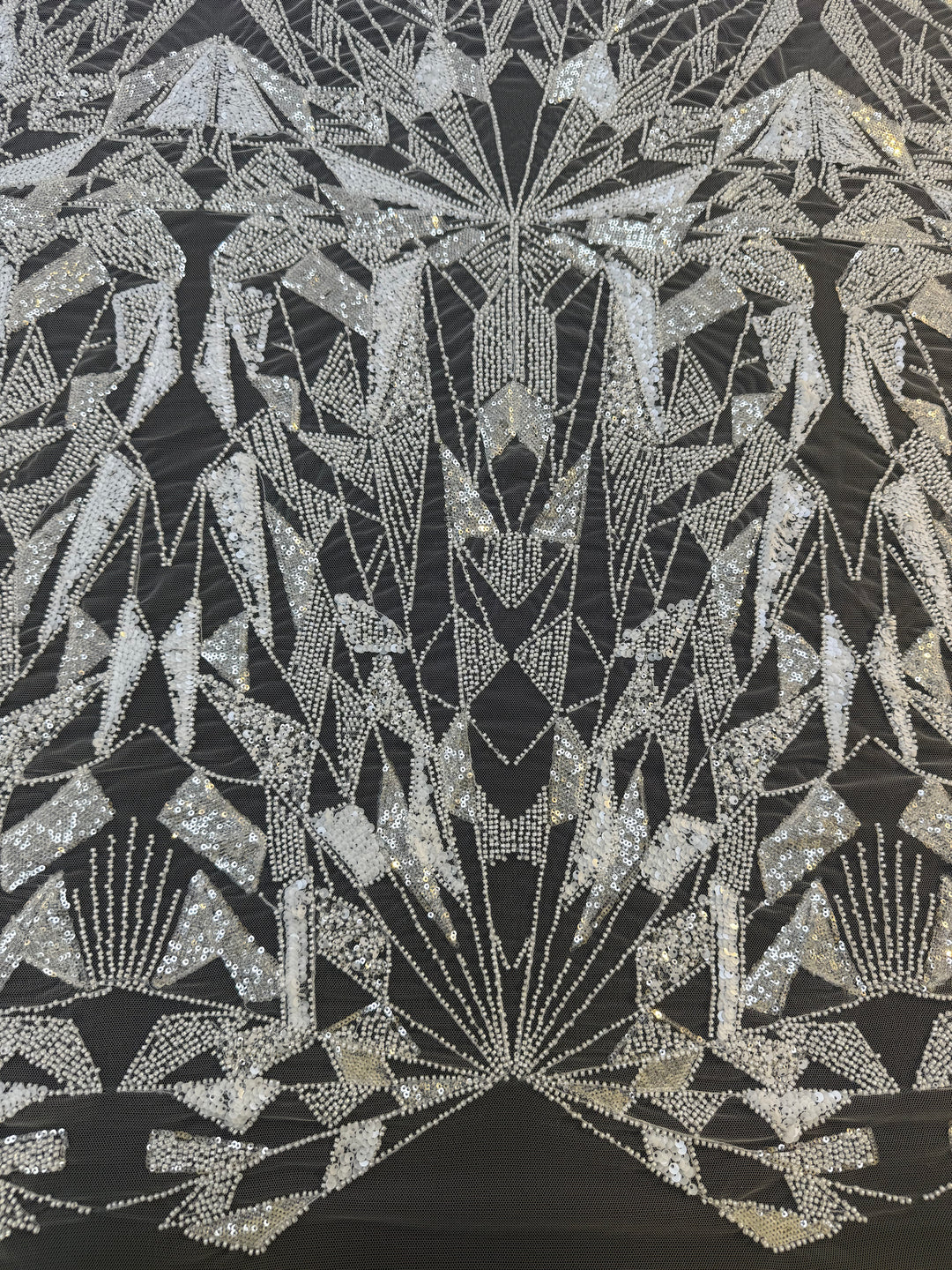 Art Deco Geometric Sequin Tulle Fabric –White Silver Embellished Luxury Couture( 1 Piece = 4 Meter)