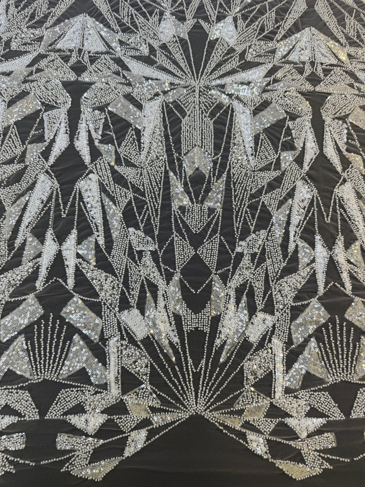 Art Deco Geometric Sequin Tulle Fabric –White Silver Embellished Luxury Couture( 1 Piece = 4 Meter)