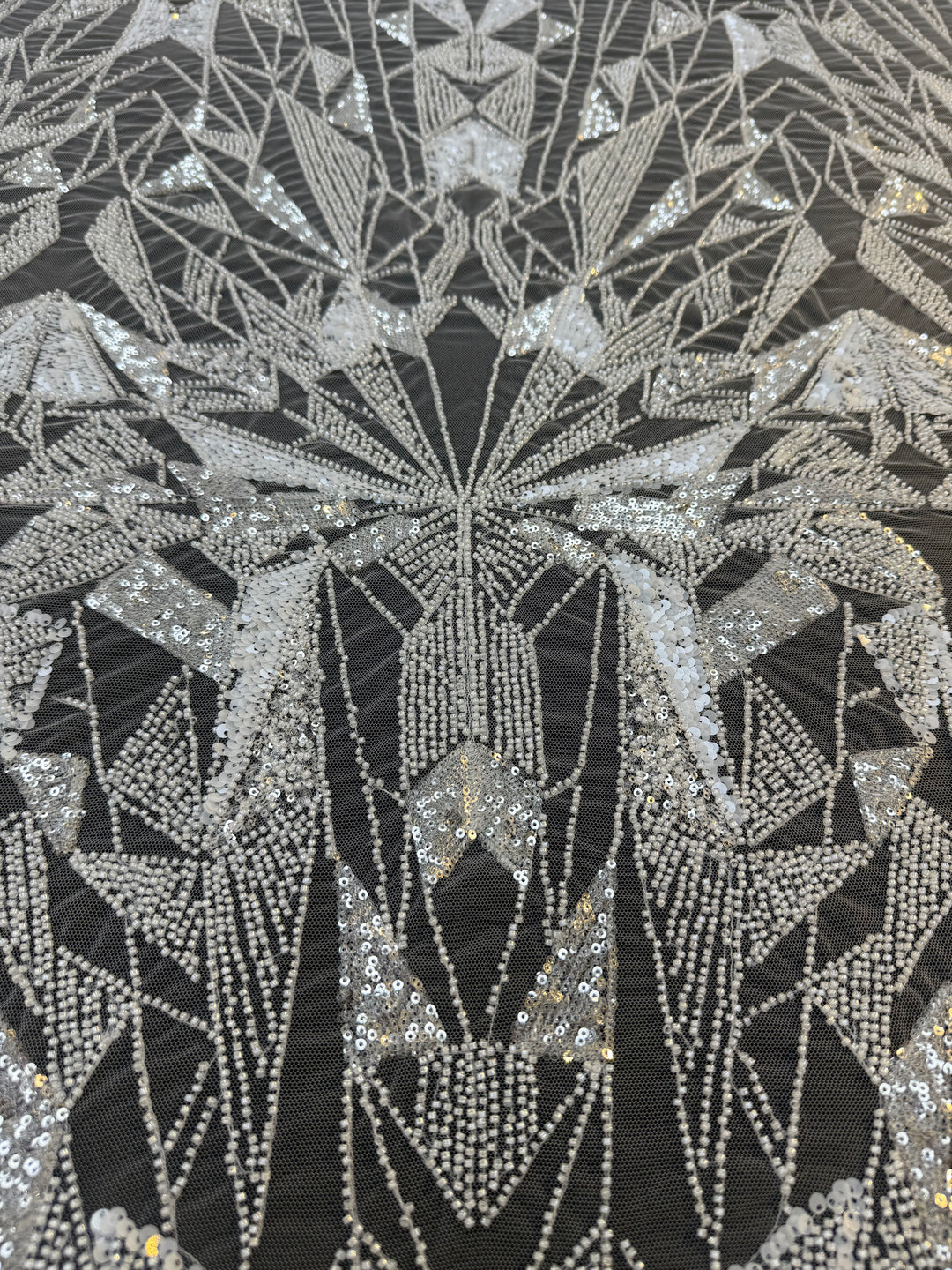 Art Deco Geometric Sequin Tulle Fabric –White Silver Embellished Luxury Couture( 1 Piece = 4 Meter)