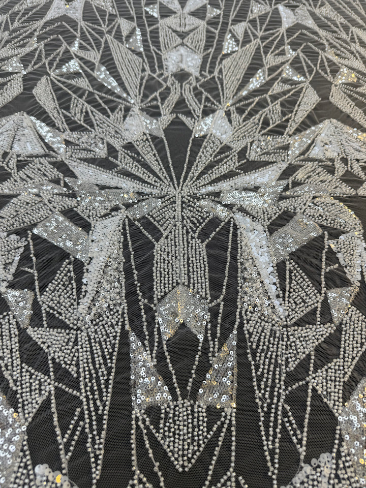 Art Deco Geometric Sequin Tulle Fabric –White Silver Embellished Luxury Couture( 1 Piece = 4 Meter)