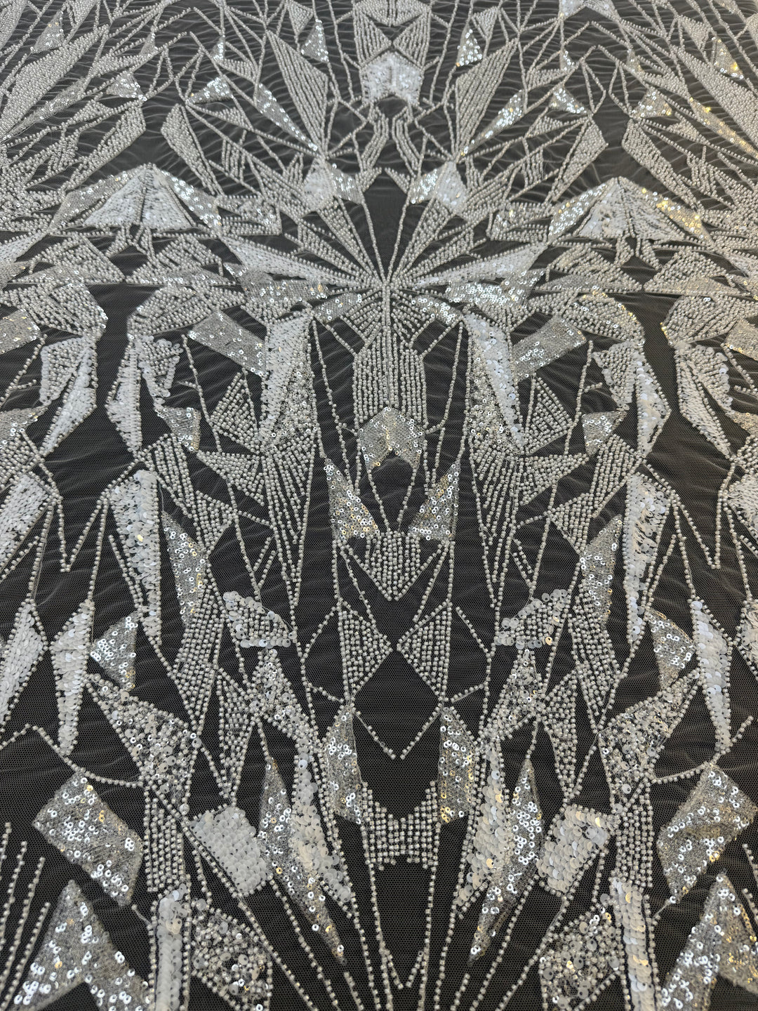 Art Deco Geometric Sequin Tulle Fabric –White Silver Embellished Luxury Couture( 1 Piece = 4 Meter)