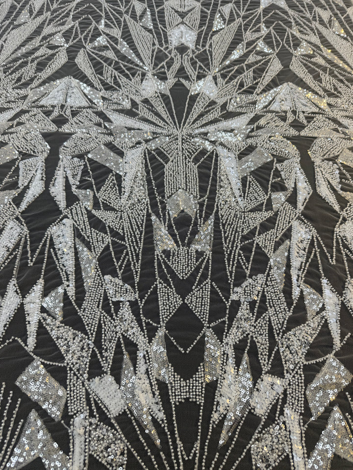 Art Deco Geometric Sequin Tulle Fabric –White Silver Embellished Luxury Couture( 1 Piece = 4 Meter)