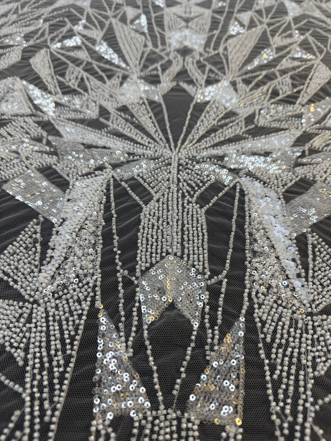 Art Deco Geometric Sequin Tulle Fabric –White Silver Embellished Luxury Couture( 1 Piece = 4 Meter)