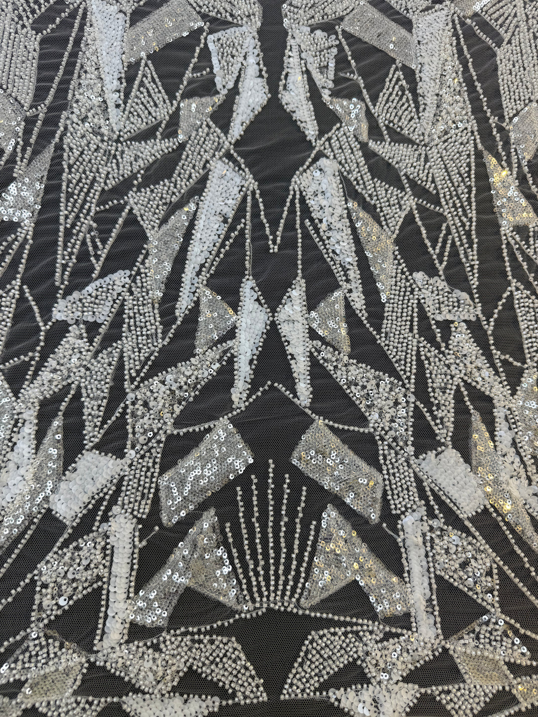 Art Deco Geometric Sequin Tulle Fabric –White Silver Embellished Luxury Couture( 1 Piece = 4 Meter)