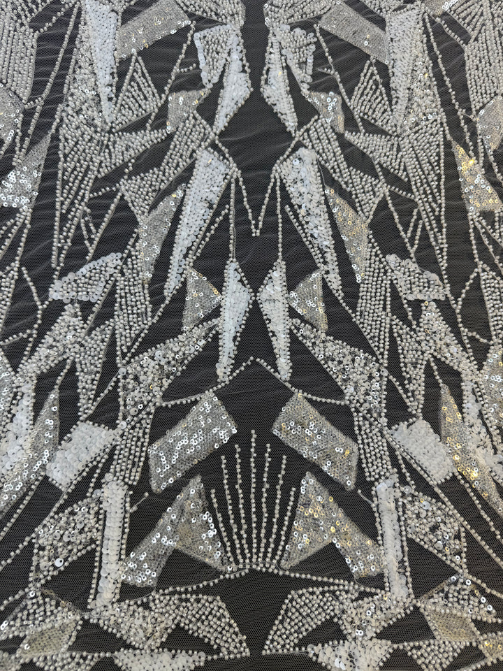 Art Deco Geometric Sequin Tulle Fabric –White Silver Embellished Luxury Couture( 1 Piece = 4 Meter)