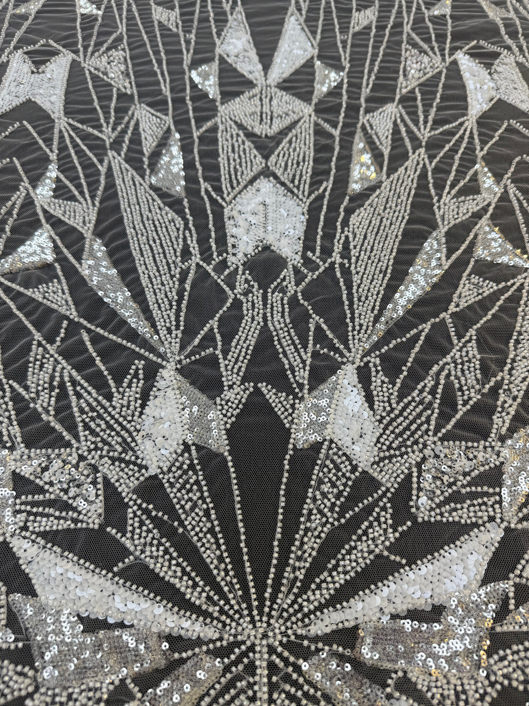 Art Deco Geometric Sequin Tulle Fabric –White Silver Embellished Luxury Couture( 1 Piece = 4 Meter)