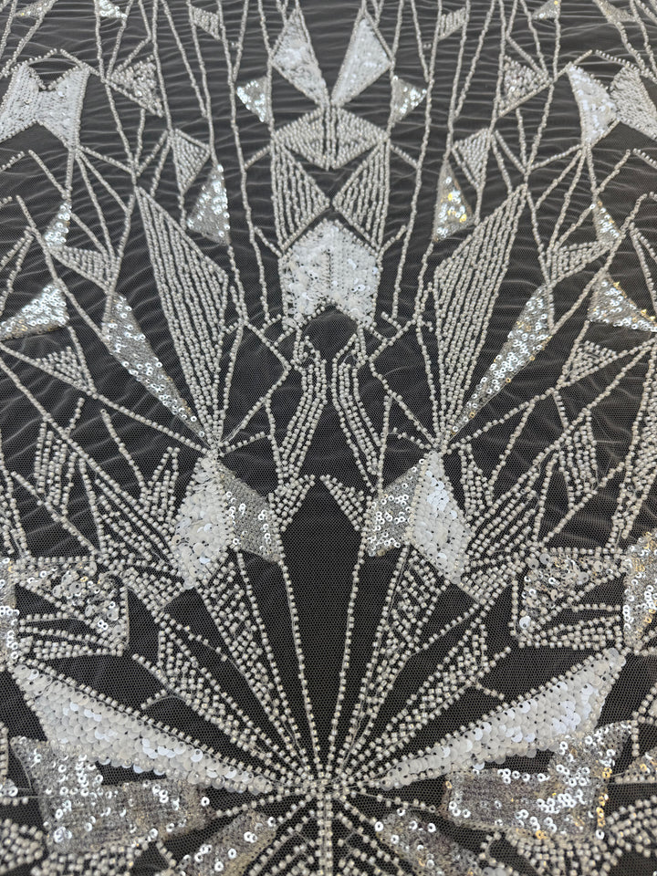 Art Deco Geometric Sequin Tulle Fabric –White Silver Embellished Luxury Couture( 1 Piece = 4 Meter)