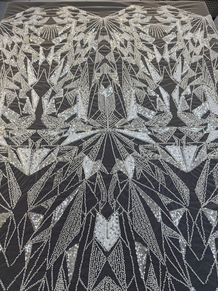 Art Deco Geometric Sequin Tulle Fabric –White Silver Embellished Luxury Couture( 1 Piece = 4 Meter)