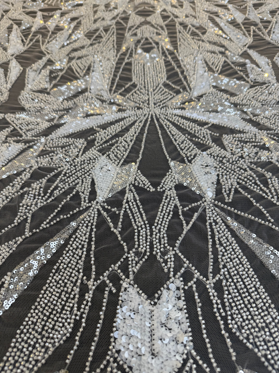 Art Deco Geometric Sequin Tulle Fabric –White Silver Embellished Luxury Couture( 1 Piece = 4 Meter)