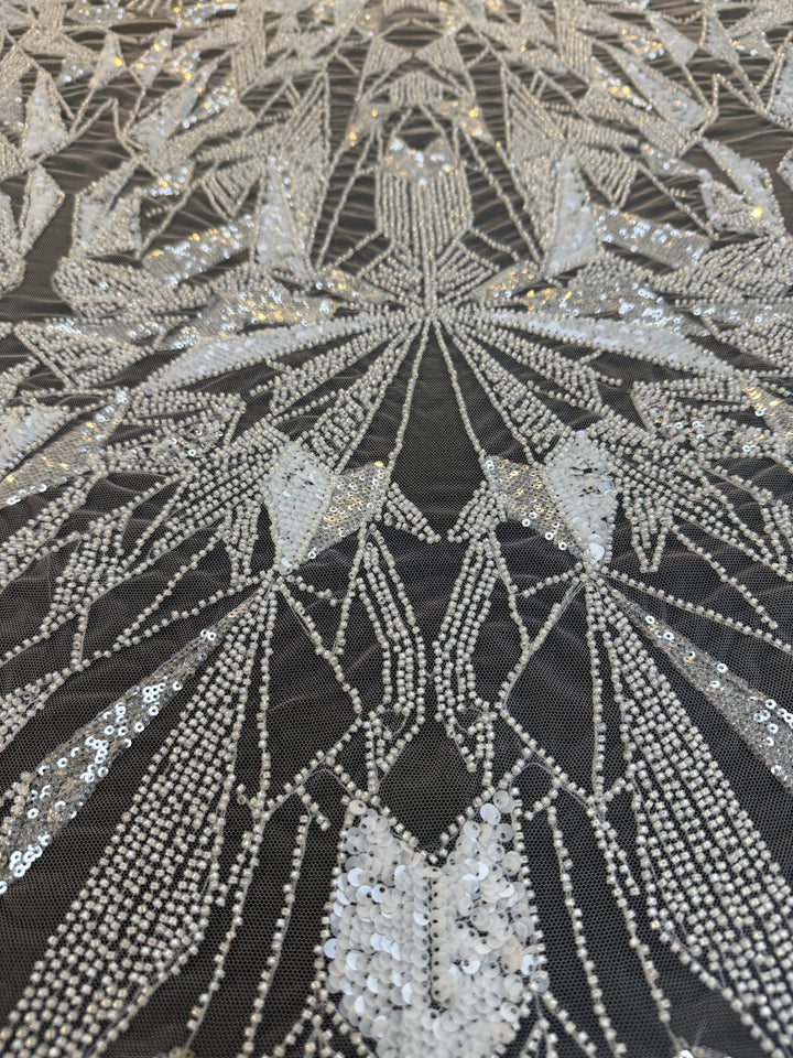 Art Deco Geometric Sequin Tulle Fabric –White Silver Embellished Luxury Couture( 1 Piece = 4 Meter)