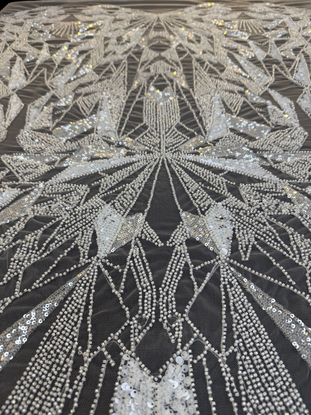 Art Deco Geometric Sequin Tulle Fabric –White Silver Embellished Luxury Couture( 1 Piece = 4 Meter)