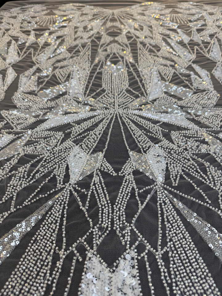 Art Deco Geometric Sequin Tulle Fabric –White Silver Embellished Luxury Couture( 1 Piece = 4 Meter)