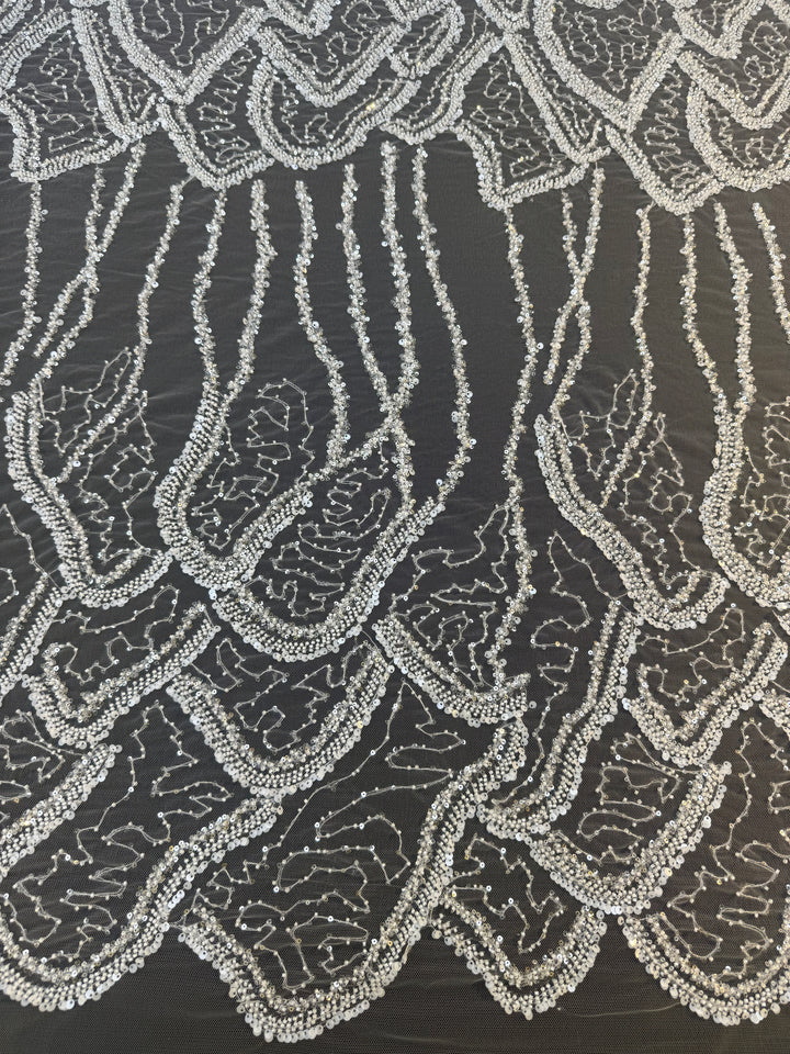 Luxury White Beaded Silver Sequin Waves on Black Tulle – Haute Couture Fabric( 1 Piece = 3 Meter)