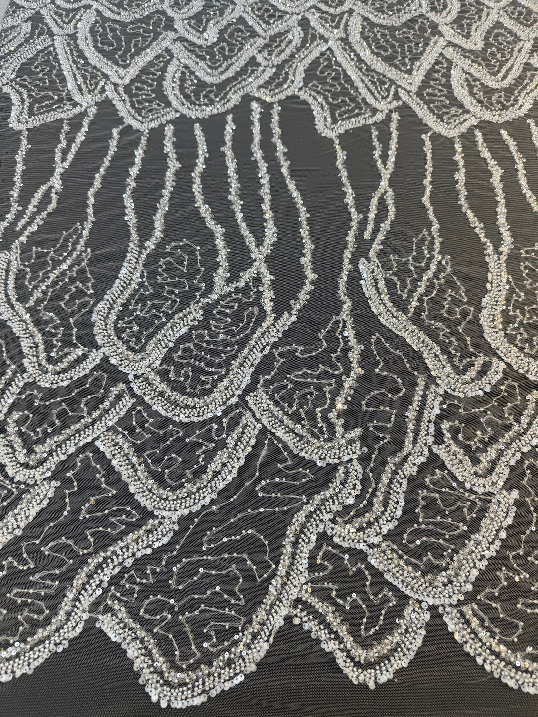 Luxury White Beaded Silver Sequin Waves on Black Tulle – Haute Couture Fabric( 1 Piece = 3 Meter)