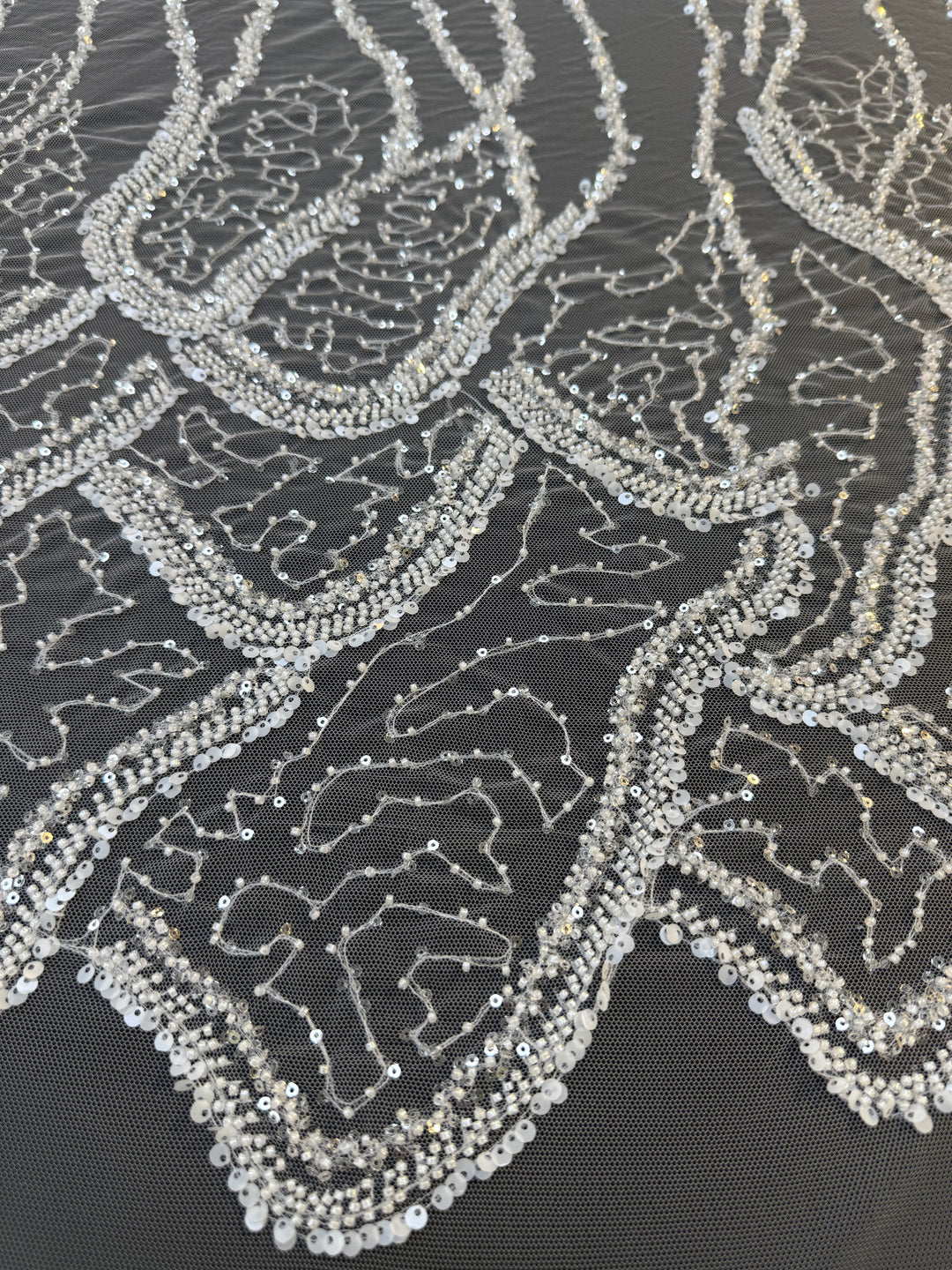 Luxury White Beaded Silver Sequin Waves on Black Tulle – Haute Couture Fabric( 1 Piece = 3 Meter)