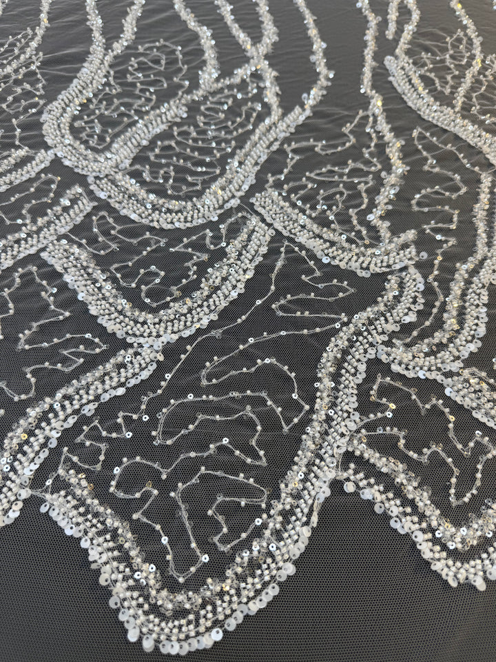 Luxury White Beaded Silver Sequin Waves on Black Tulle – Haute Couture Fabric( 1 Piece = 3 Meter)