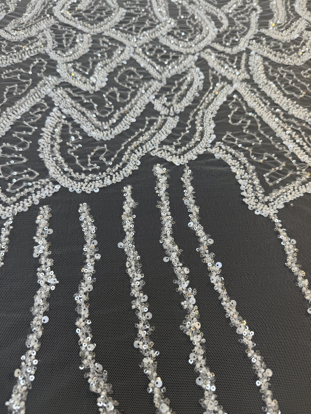 Luxury White Beaded Silver Sequin Waves on Black Tulle – Haute Couture Fabric( 1 Piece = 3 Meter)
