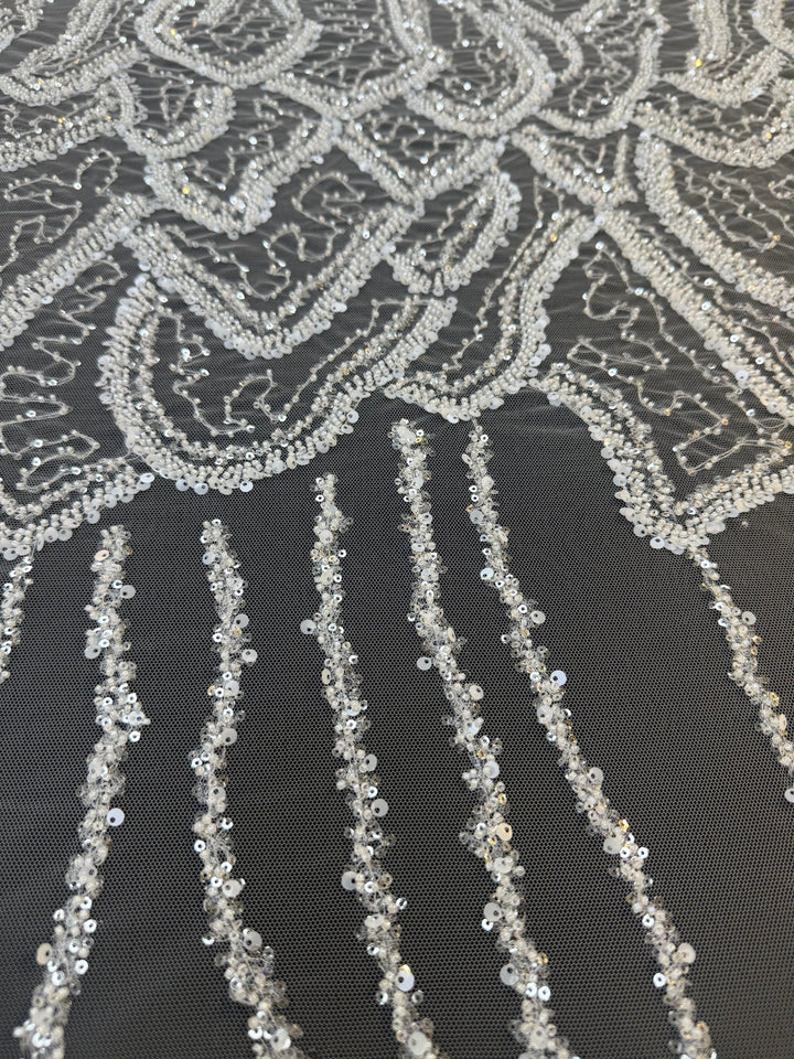 Luxury White Beaded Silver Sequin Waves on Black Tulle – Haute Couture Fabric( 1 Piece = 3 Meter)