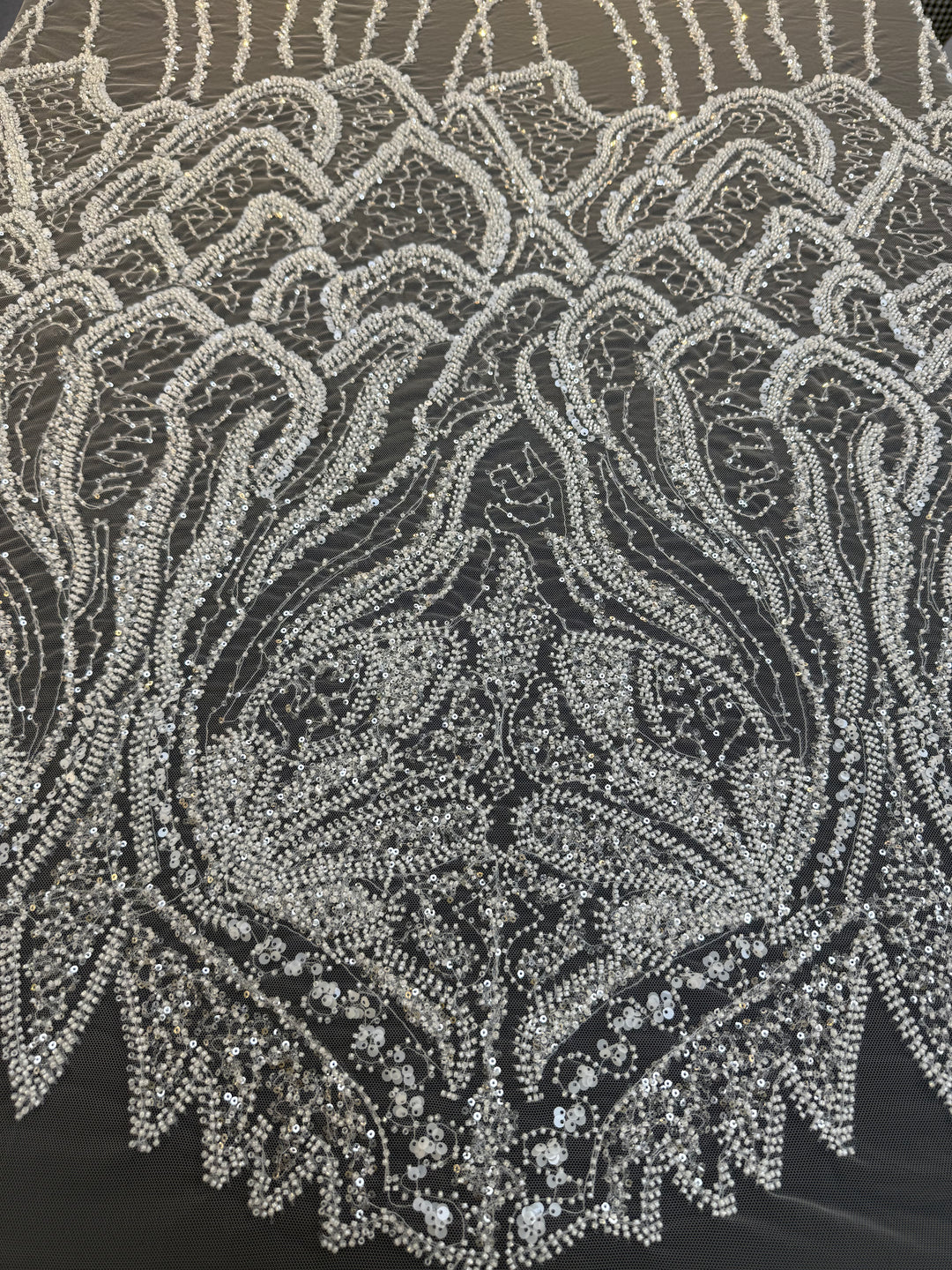 Luxury White Beaded Silver Sequin Waves on Black Tulle – Haute Couture Fabric( 1 Piece = 3 Meter)