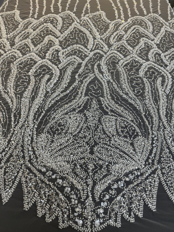 Luxury White Beaded Silver Sequin Waves on Black Tulle – Haute Couture Fabric( 1 Piece = 3 Meter)
