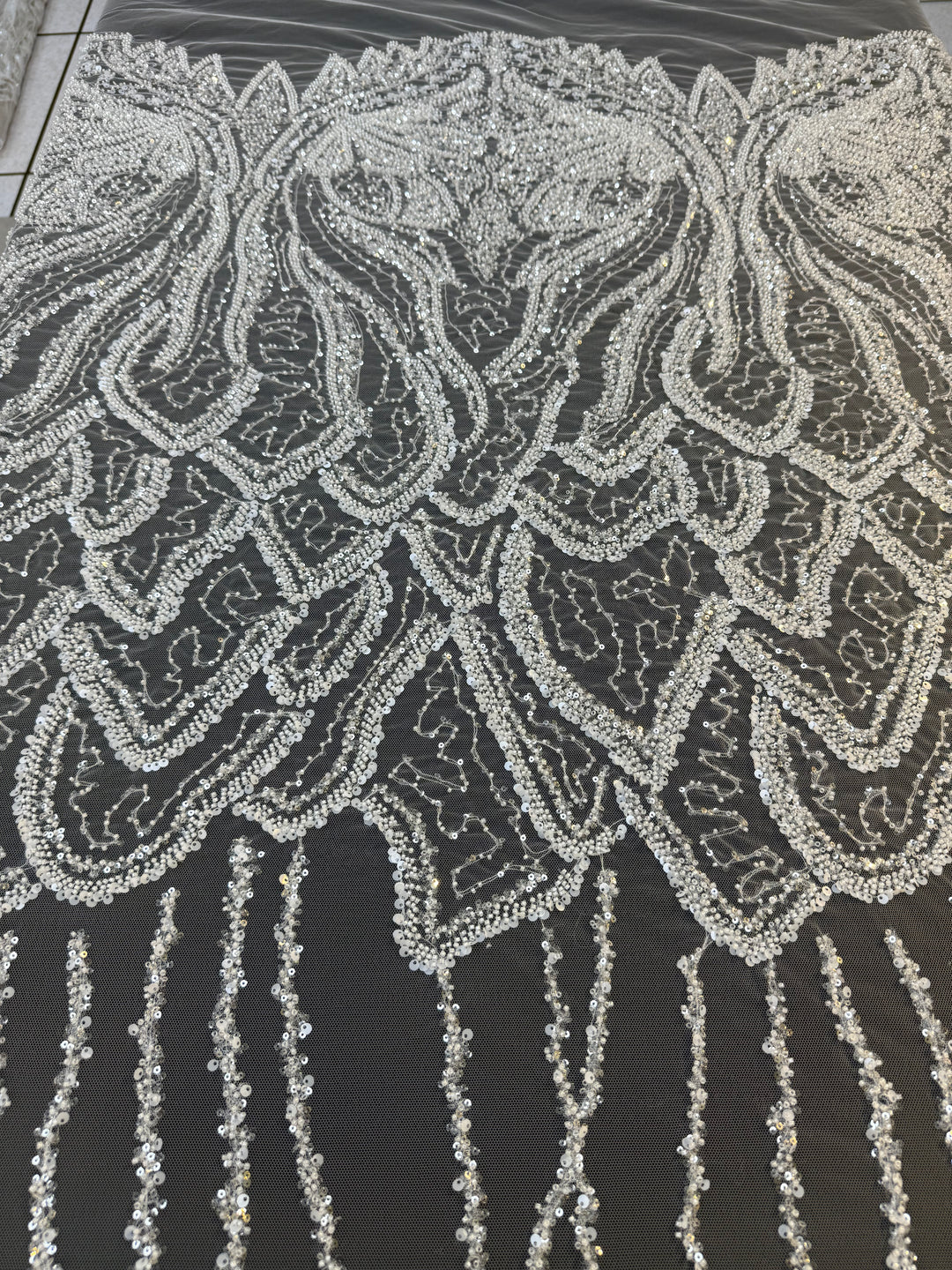 Luxury White Beaded Silver Sequin Waves on Black Tulle – Haute Couture Fabric( 1 Piece = 3 Meter)