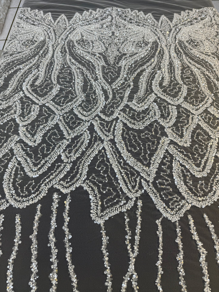 Luxury White Beaded Silver Sequin Waves on Black Tulle – Haute Couture Fabric( 1 Piece = 3 Meter)